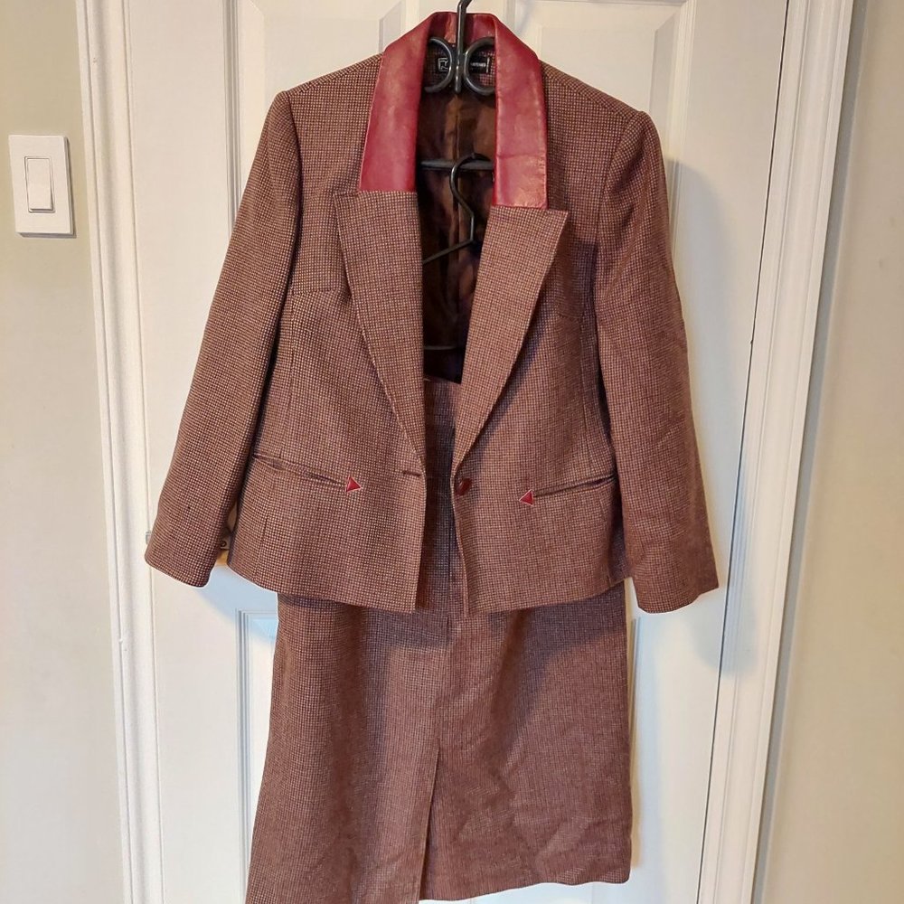 Robert Chayenko Paris 80's Wool/Leather Brown Skirt Suit Set Size L With Defect